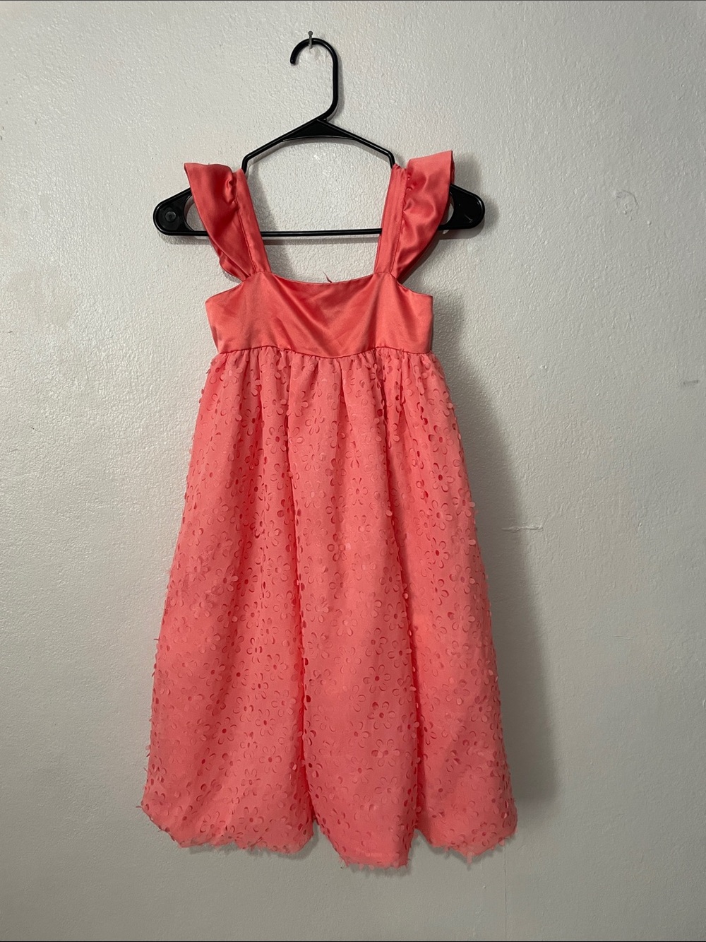 Coral Eyelet Girls' Party Dress with Flutter Straps